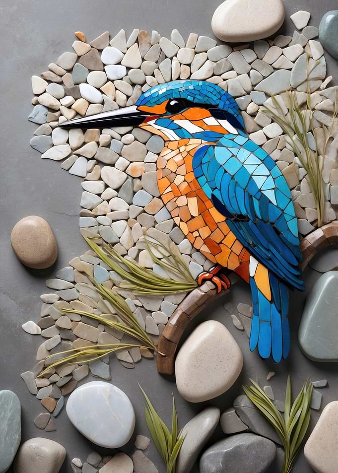 Kingfisher mosaic art with stones