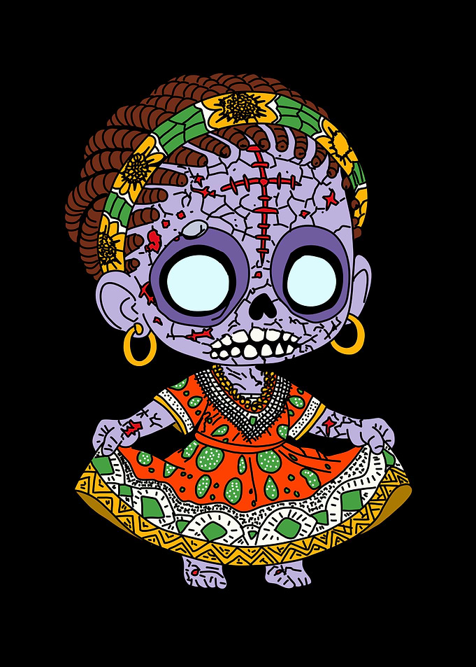 Cartoon Angolan Zombie Girl in Traditional Dress