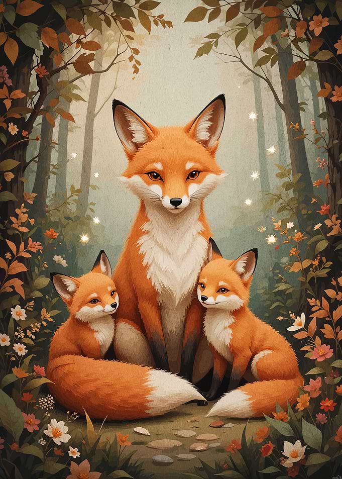 Fox Family in Autumn Forest