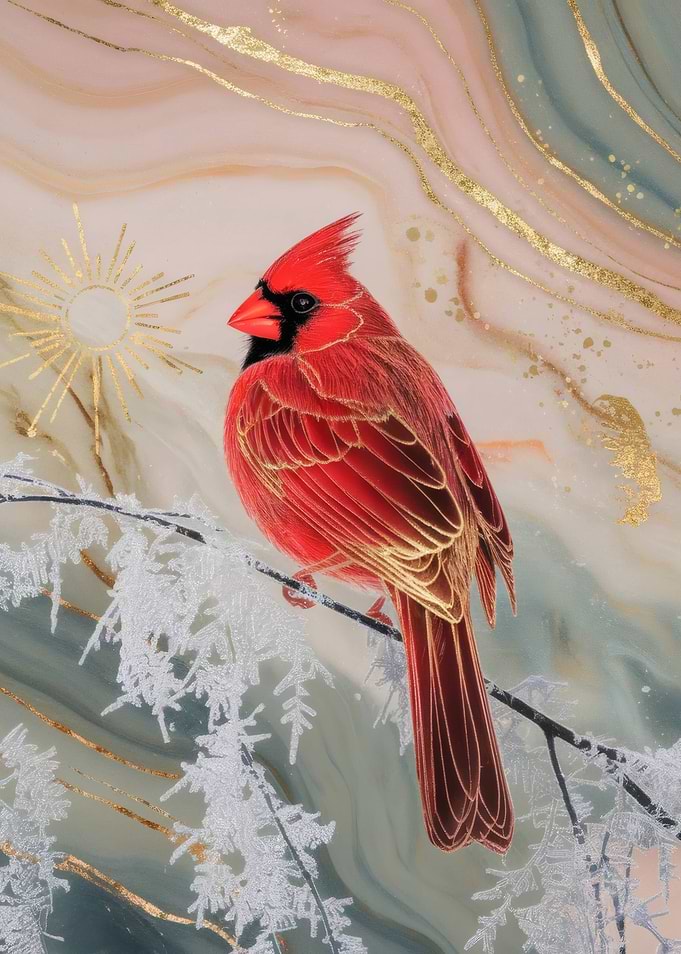 Northern Cardinal Bird on Snowy Branch
