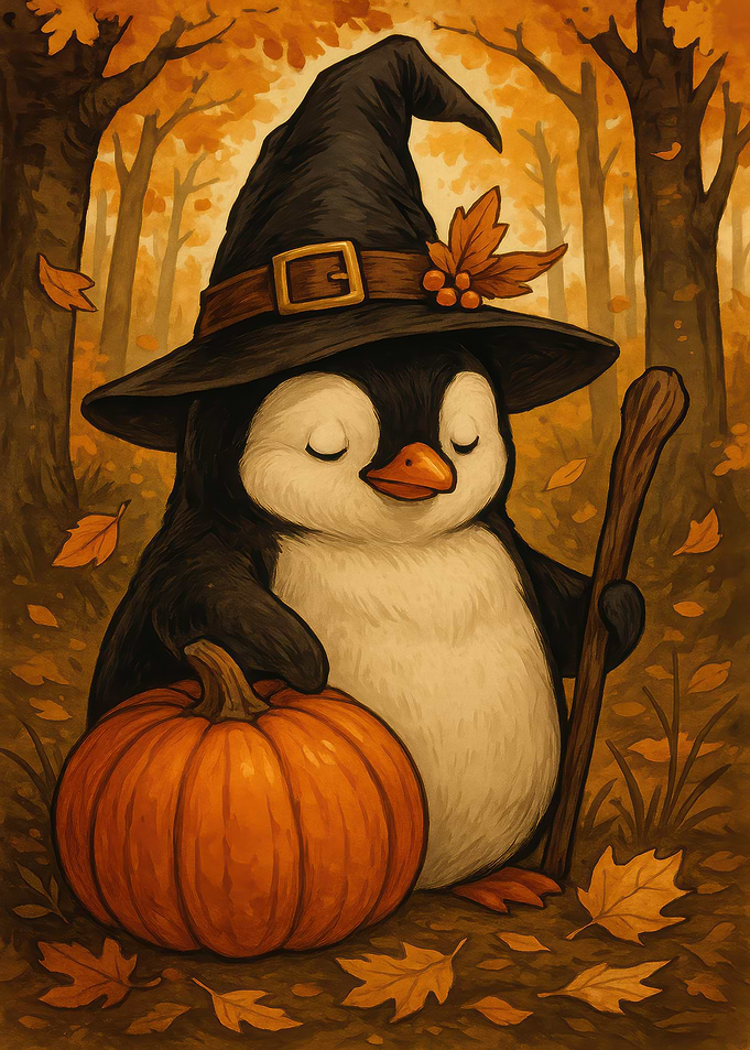 Penguin Witch with Pumpkin in Autumn