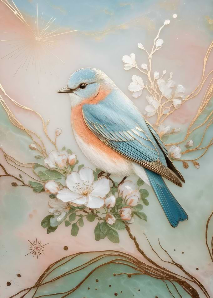 Eastern Bluebird on Blossoming Branch