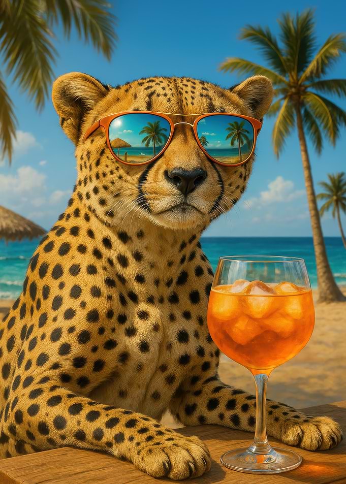 Cheetah with Sunglasses on Beach