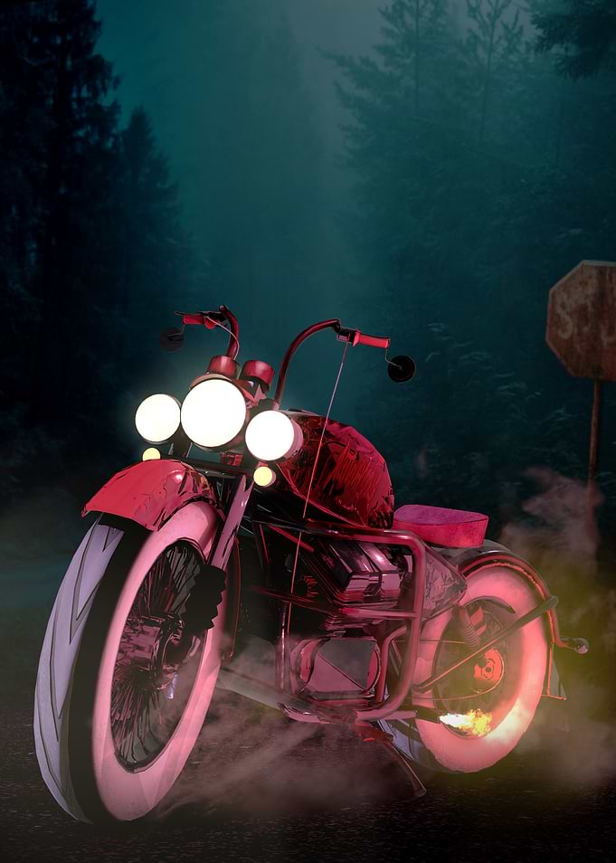 Red Motorcycle in Misty Forest