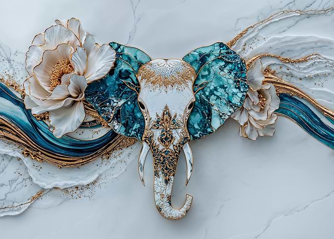 Kintsugi Elephant with Floral and Marble Accents