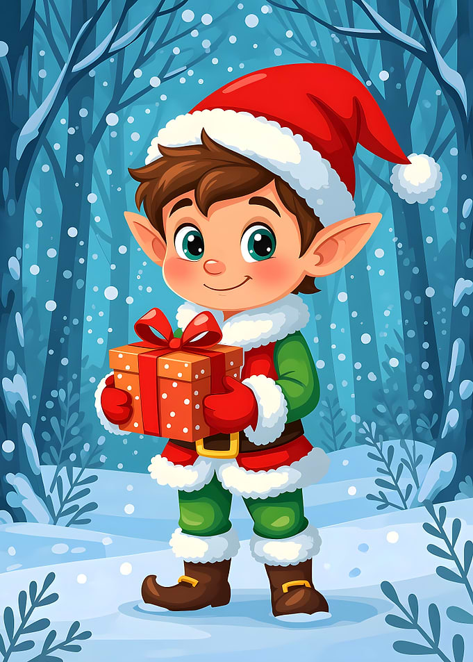 Christmas Elf with Gift in Winter Forest