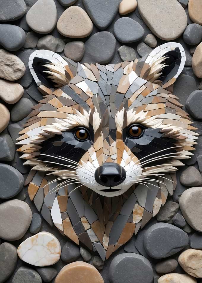 Raccoon mosaic art with stone background