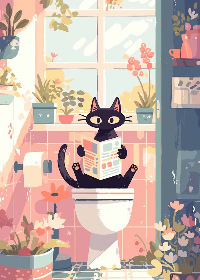 Cat Reading Newspaper on Toilet