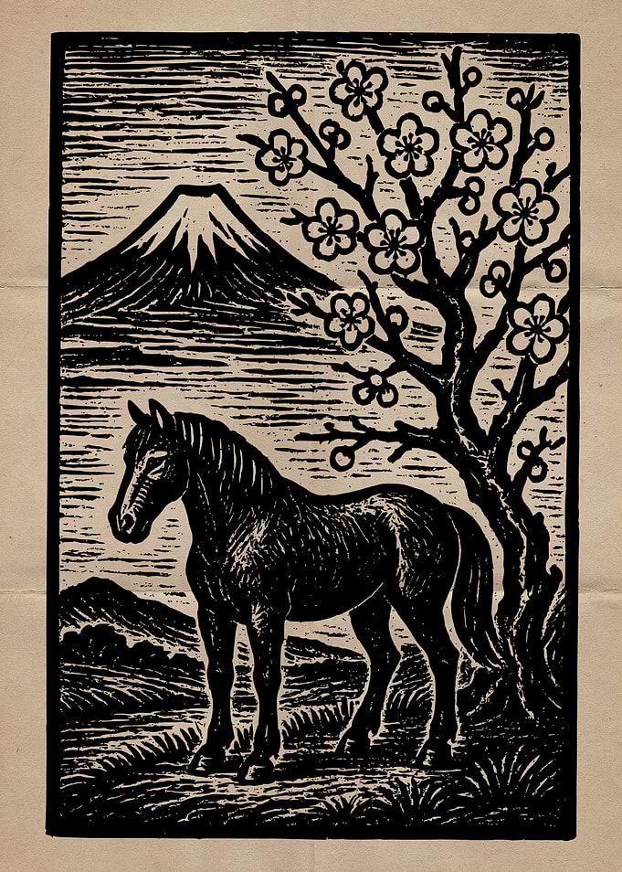 Horse and Mount Fuji Woodcut Print