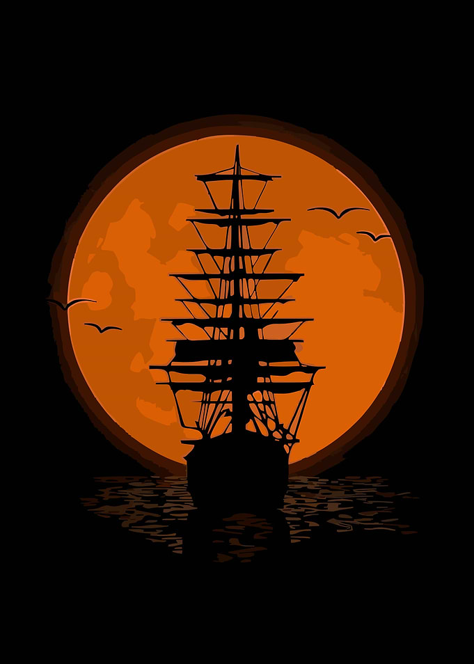 Silhouette of a ship at sunset
