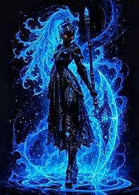 Blue armored warrior with scythe
