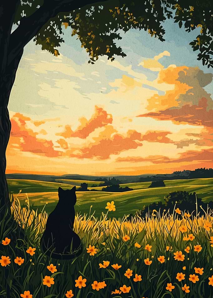 Cat in Meadow at Sunset