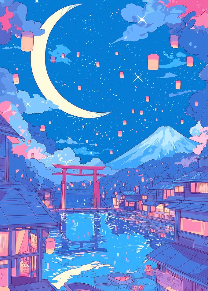 Japanese Nightscape Moon Lanterns