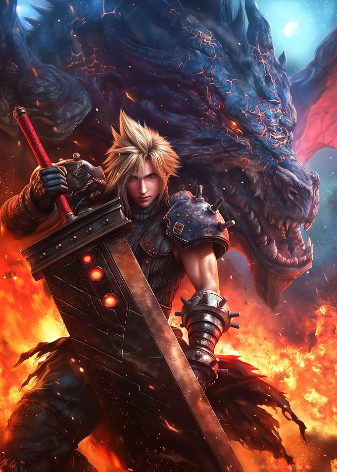 Cloud Strife and Dragon in Flames