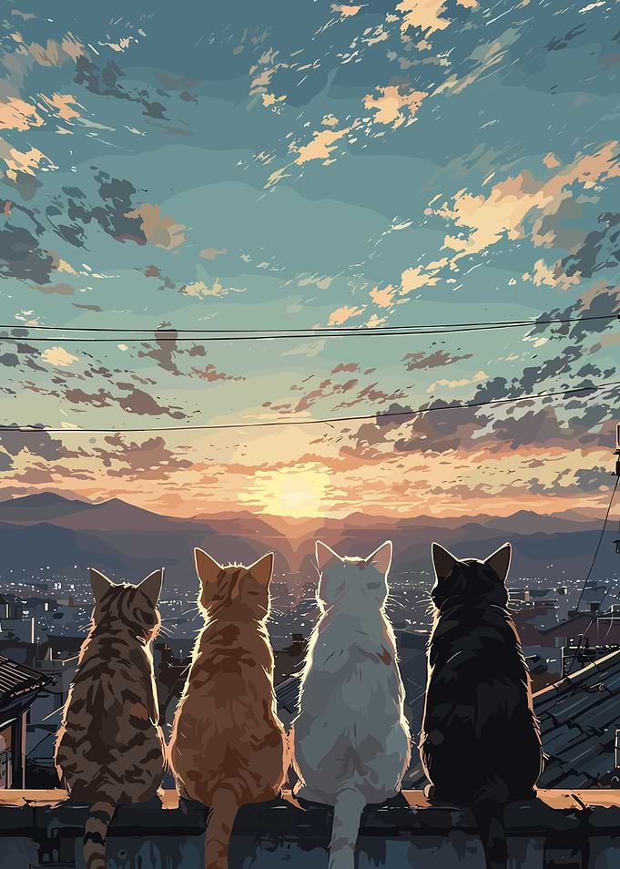 Cats Watching Sunset Over Cityscape