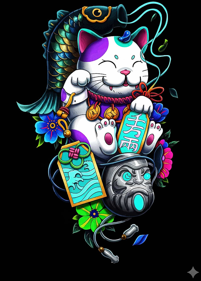 Maneki Neko with Koi and Daruma