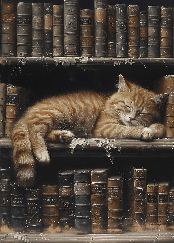 Sleeping Cat on Bookshelf