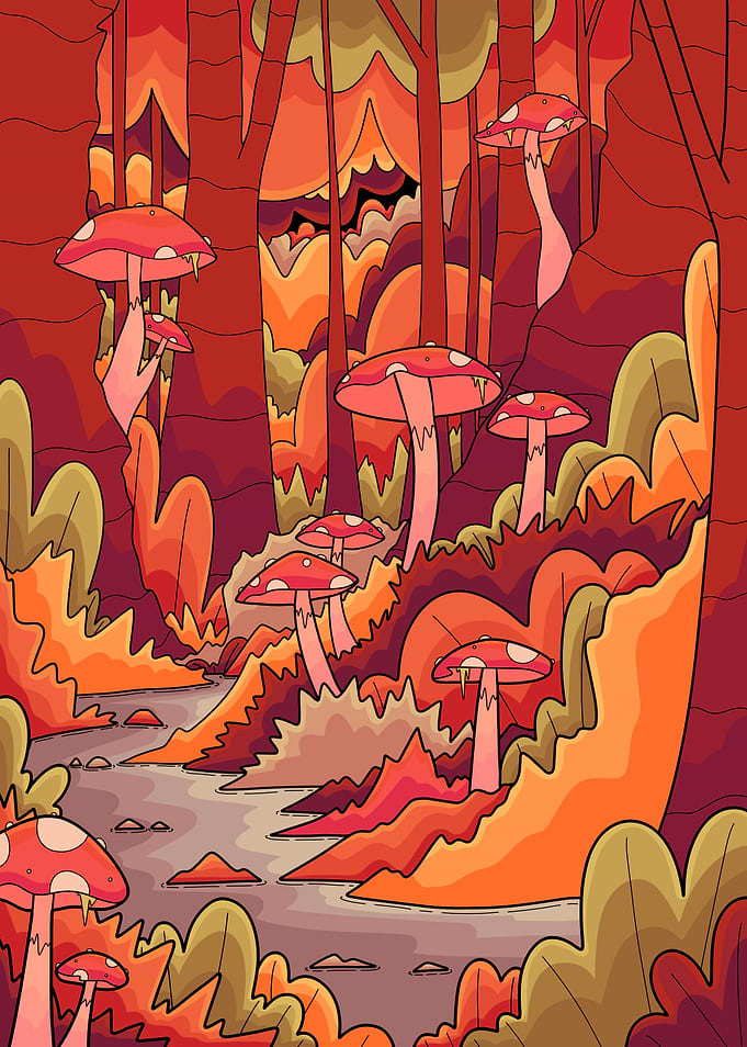Psychedelic Mushroom Forest Illustration