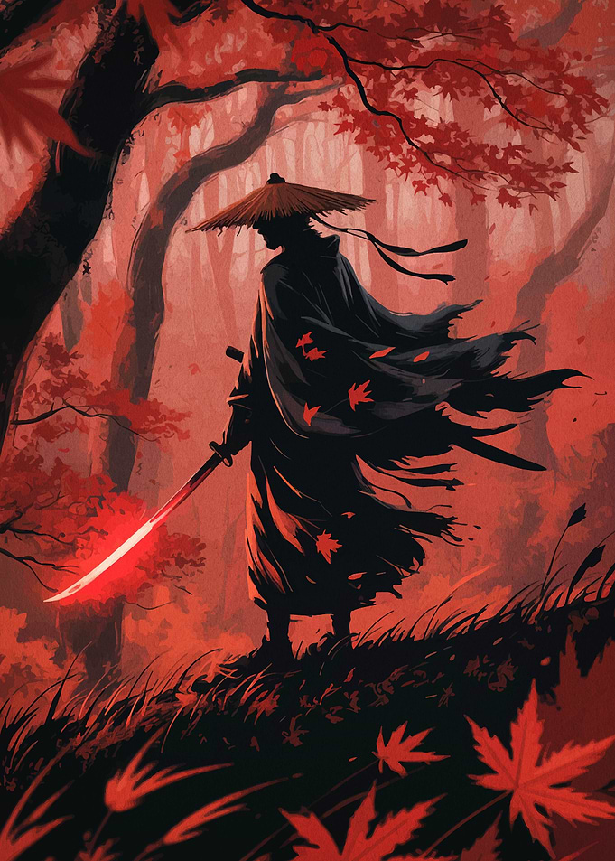 Samurai in Autumn Forest with Red Sword