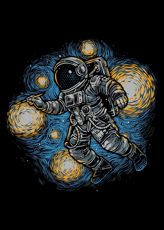 Astronaut painting starry night illustration