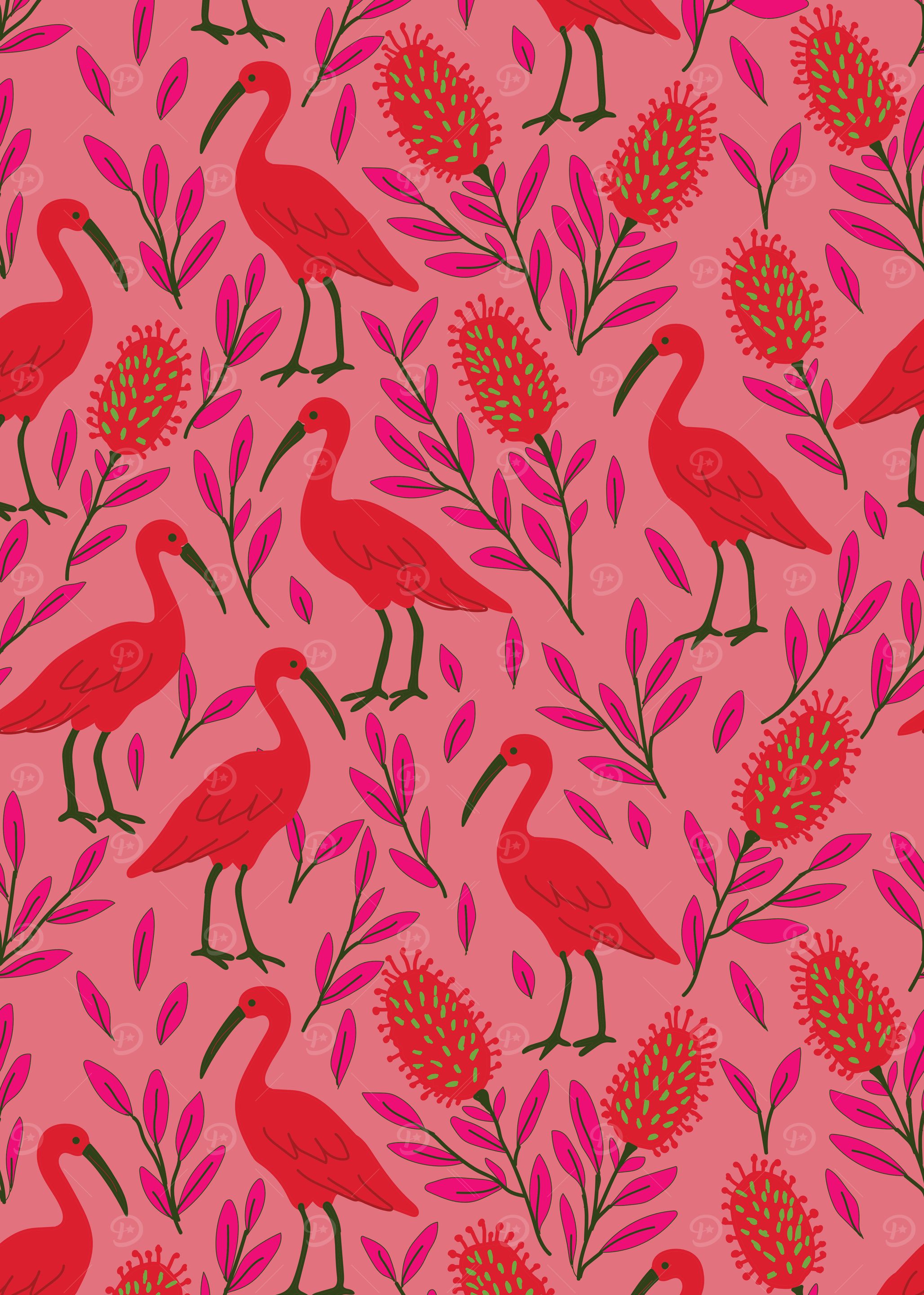 Scarlet Ibis and Floral Pattern