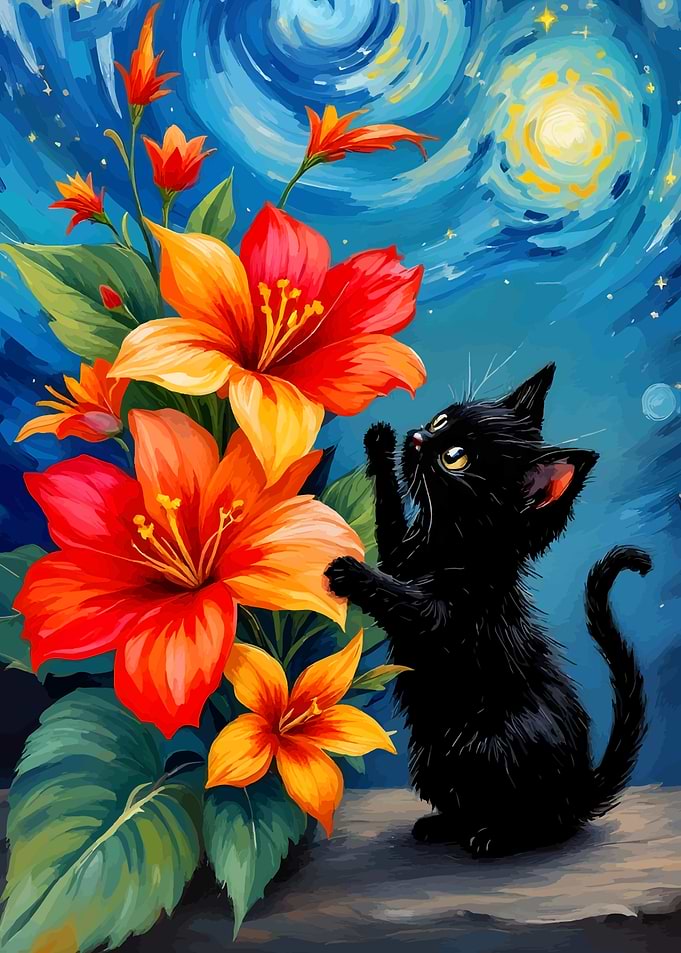 Black Kitten with Orange Flowers Painting