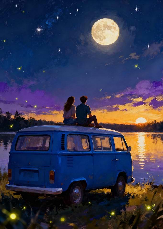 Couple on Van Under Moonlight