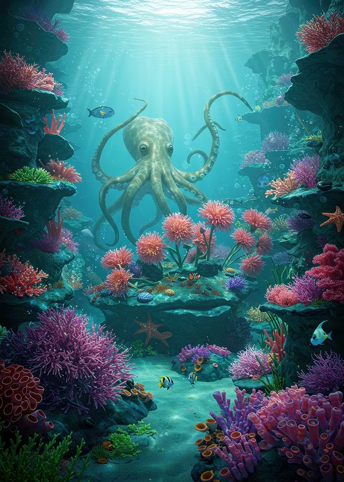 Underwater scene with octopus and coral