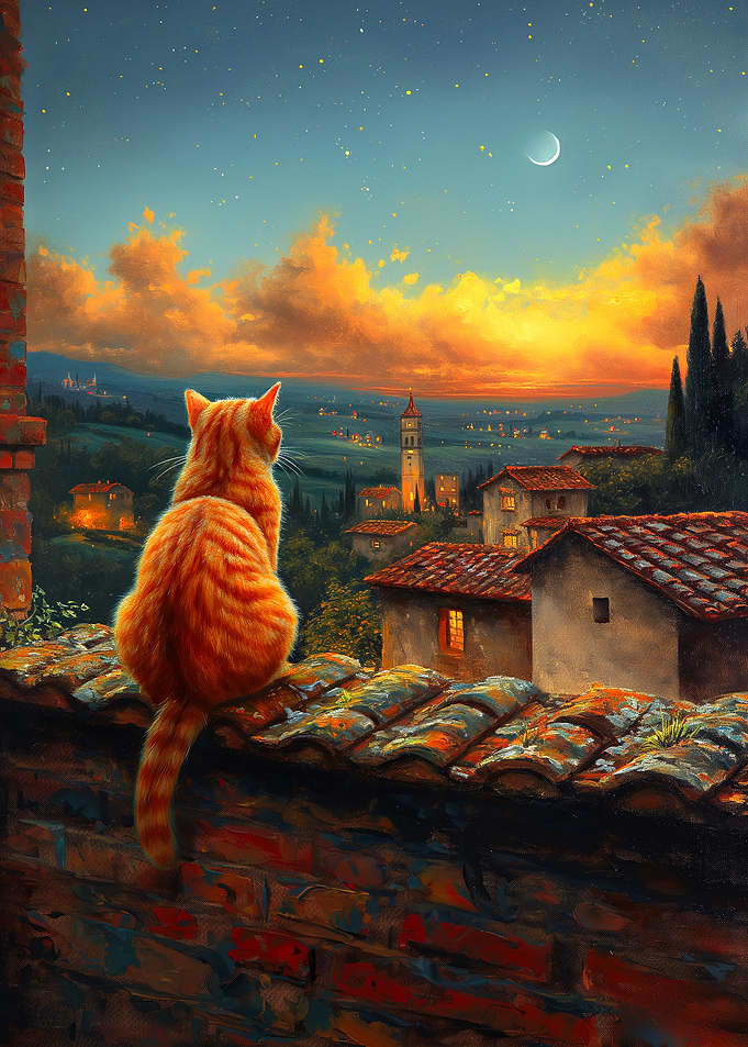 Cat gazing at Tuscan sunset
