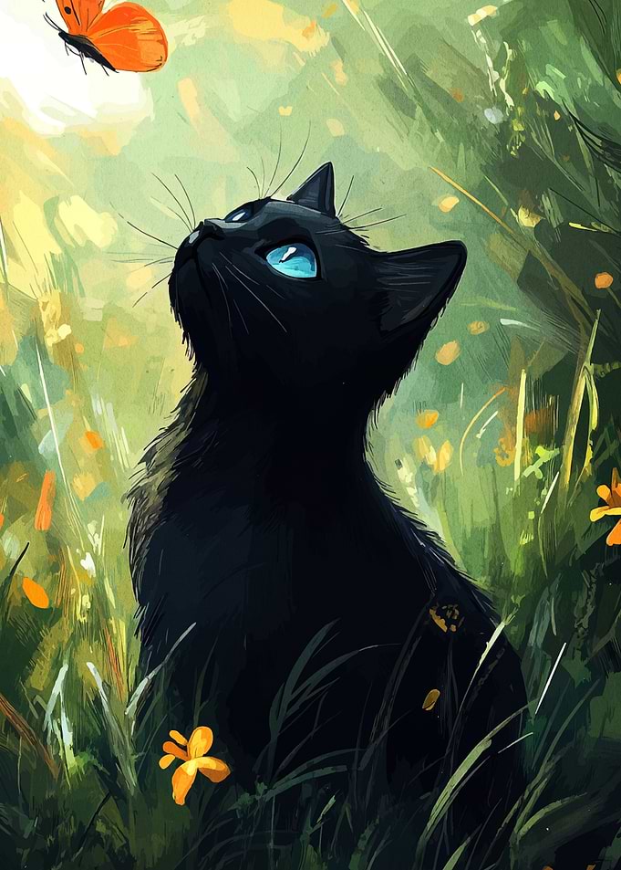 Black cat looking at butterfly