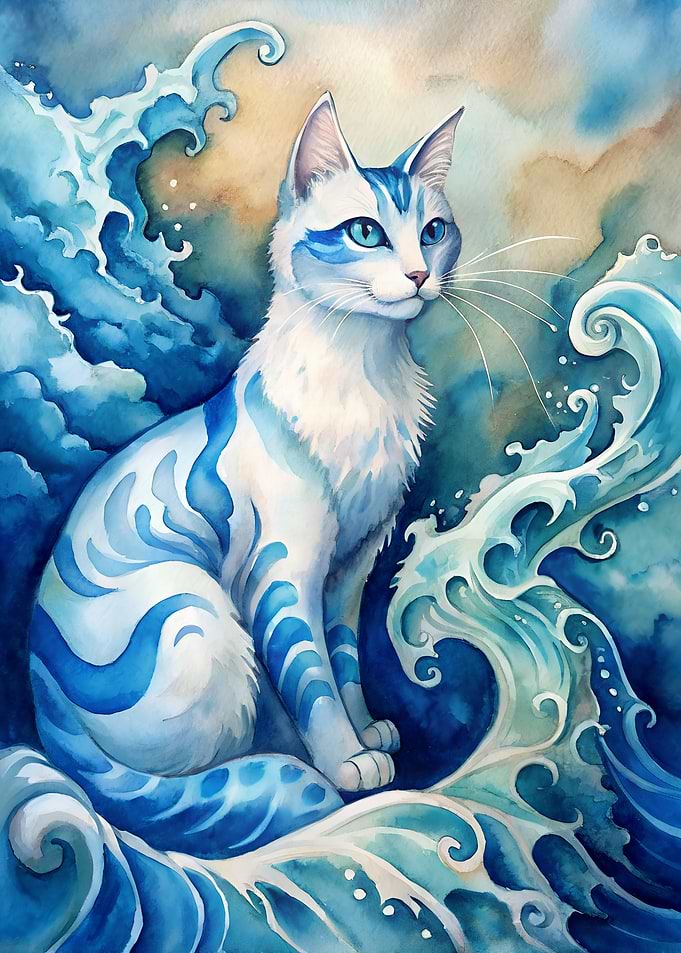 Watercolor Cat with Waves