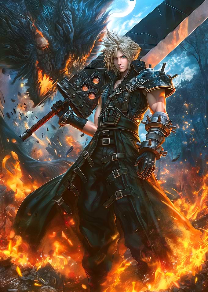 Cloud Strife with Fenrir in Flames
