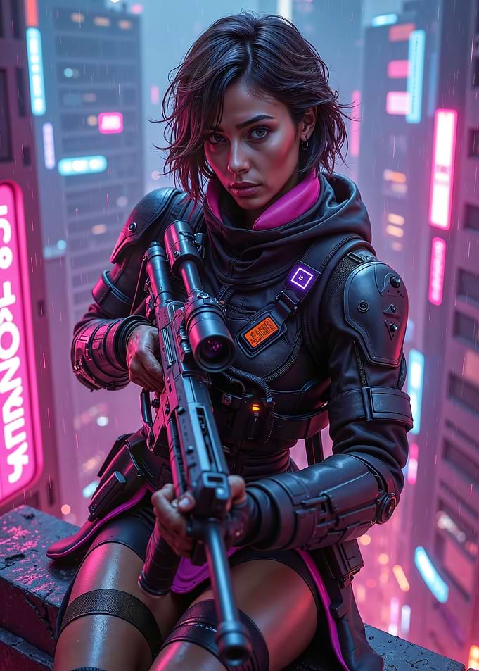 Cyberpunk Sniper with Rifle in Cityscape