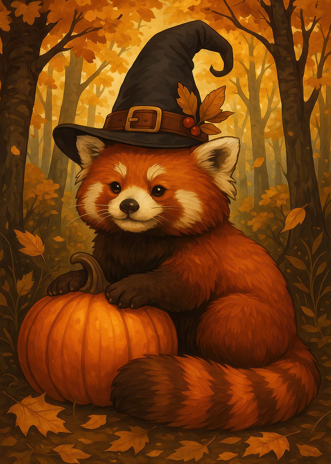 Red Panda Witch with Pumpkin