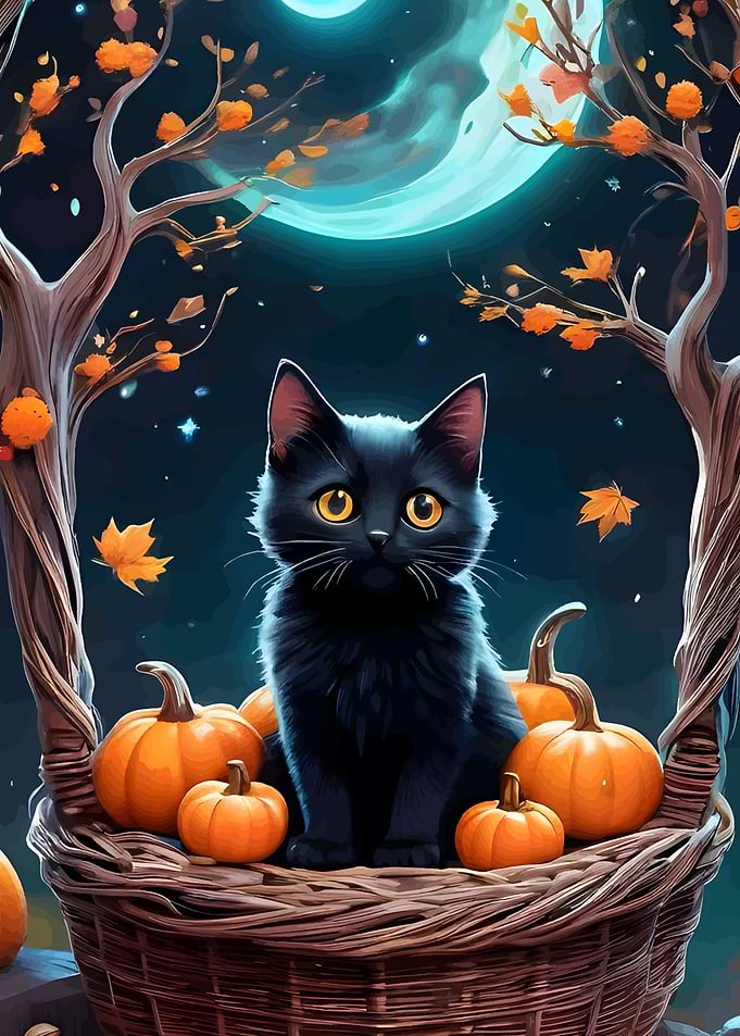 Black Cat and Pumpkins in Basket