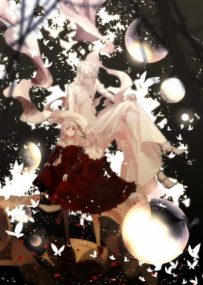 Anime characters in a dark fantasy setting