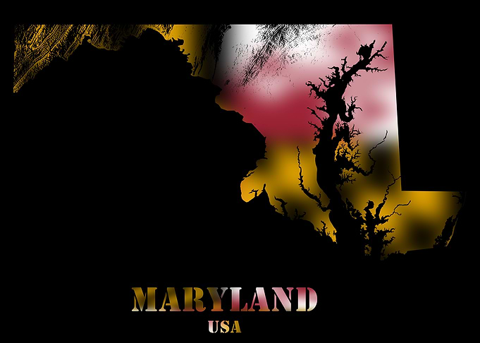 Maryland USA United States Topographic Contour Relief Map blending terrain features into its colorful flag