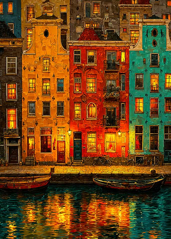 Colorful Amsterdam Canal Houses at Night