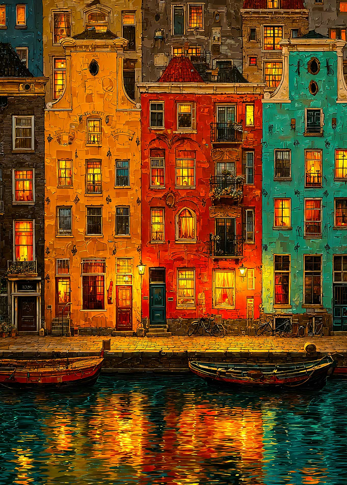 Colorful Amsterdam Canal Houses at Night
