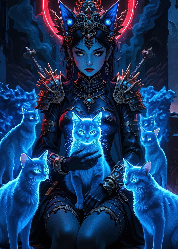 Fantasy Warrior Woman with Glowing Cats