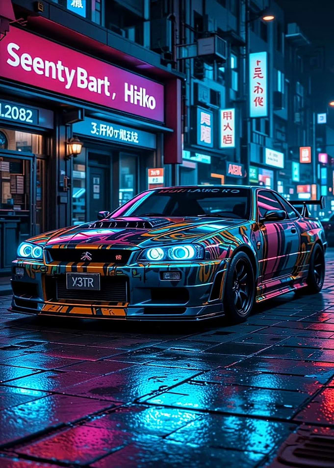 Cyberpunk Car in Neon Cityscape