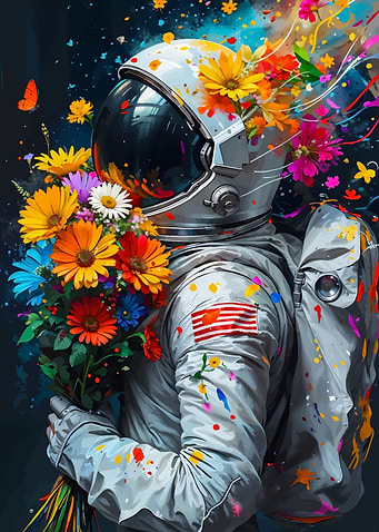 Astronaut with Flowers in Space Art