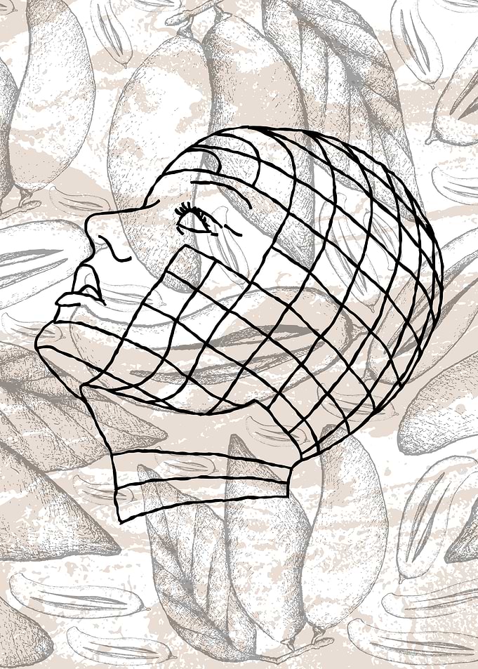 Abstract Face with Grid and Leaves