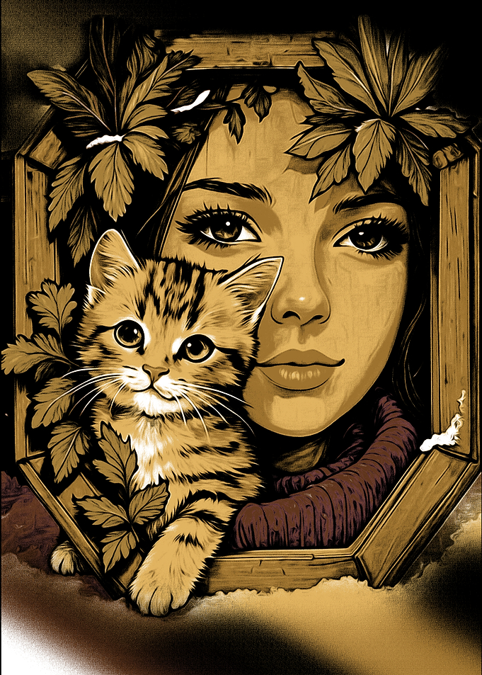 Woman, Cat, and Floral Frame Portrait