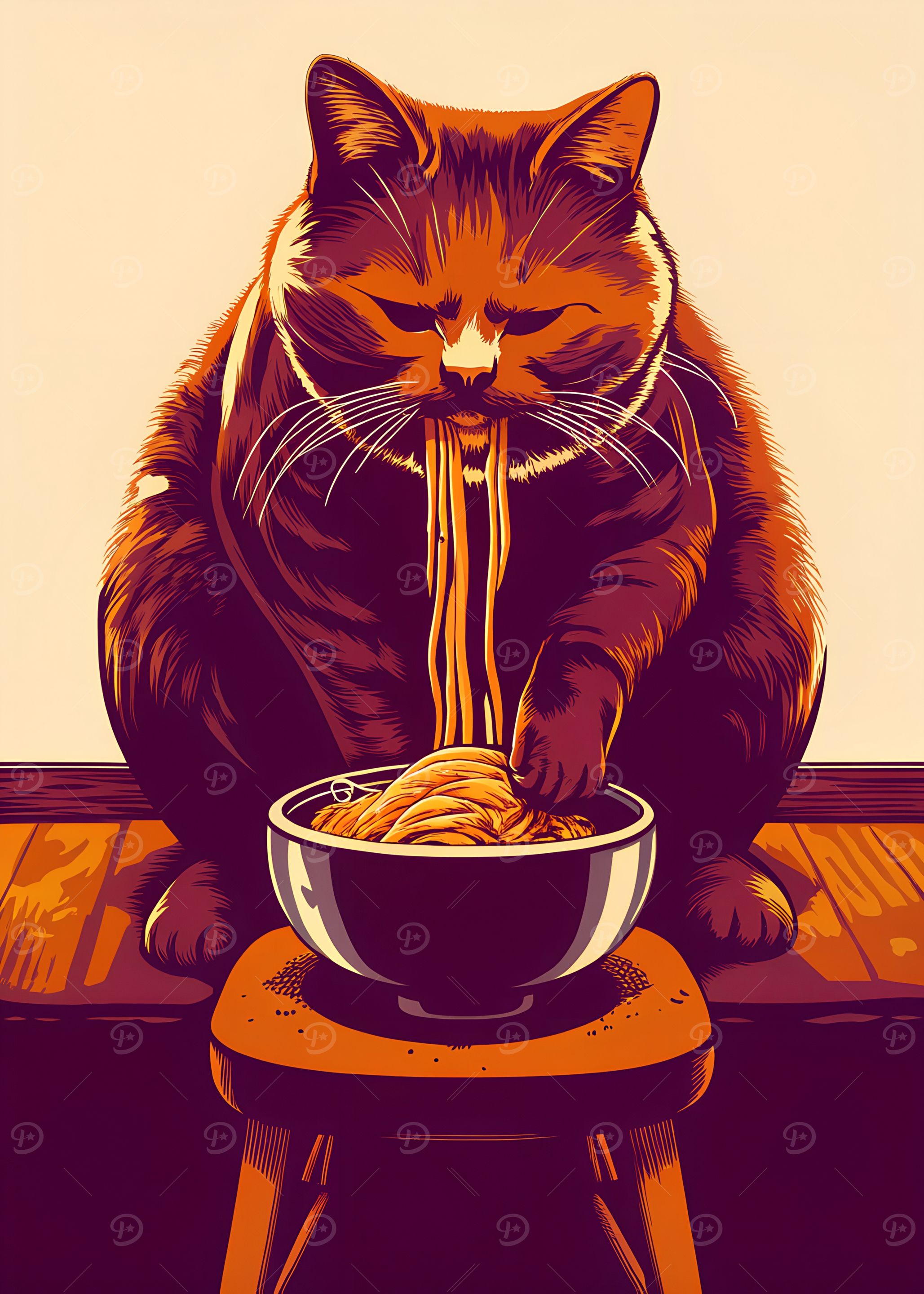 Cat eating spaghetti on a stool