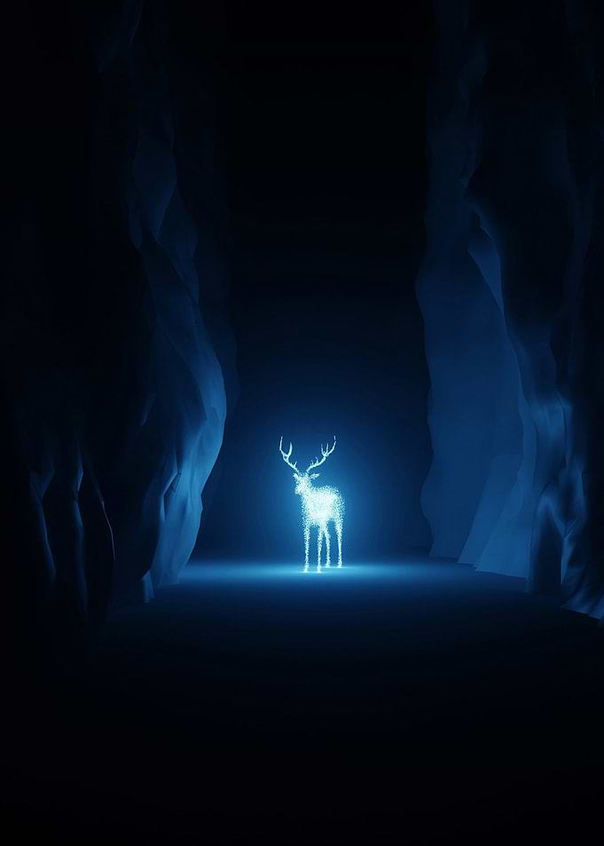 Glowing Deer in Dark Cave