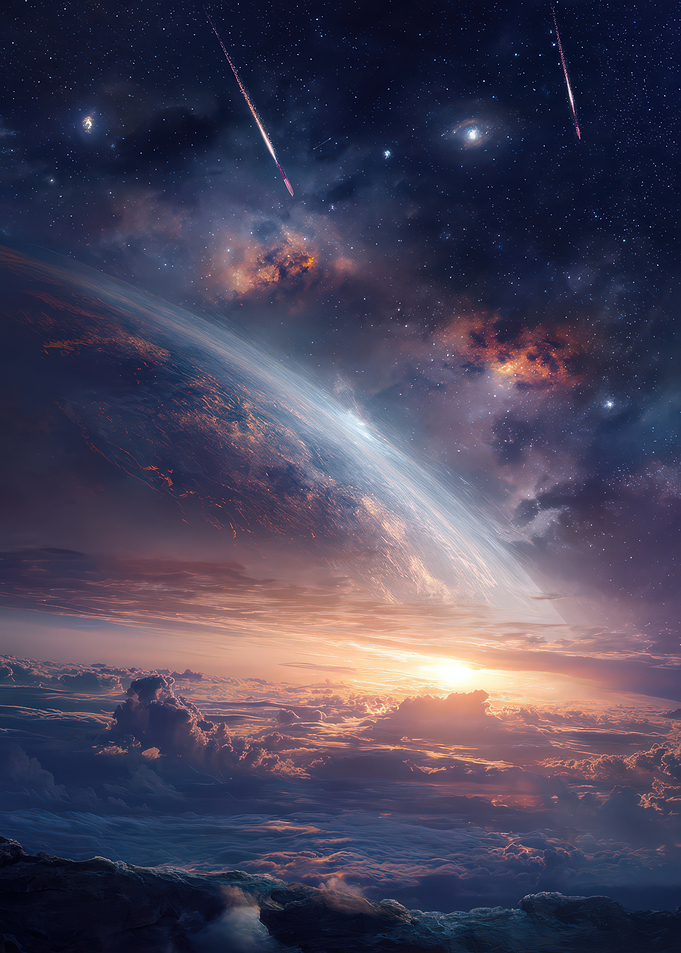 Cosmic Sky with Planet and Meteors
