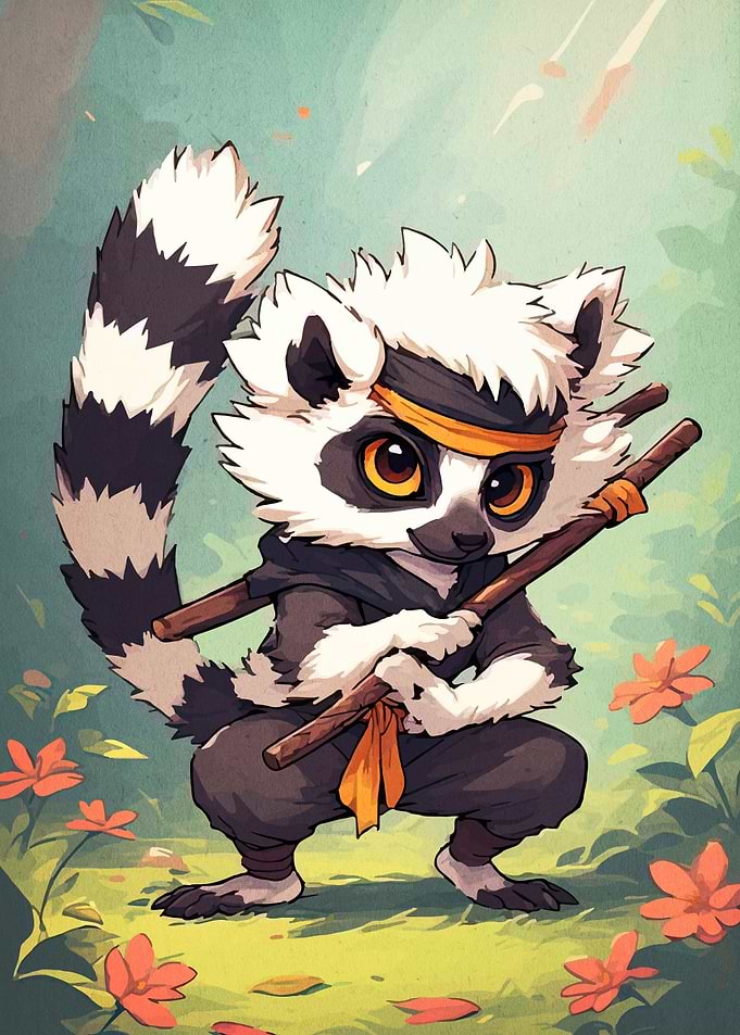 Cartoon Lemur Ninja with Sticks