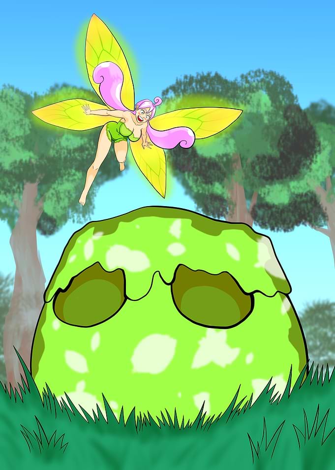 Cartoon Fairy and Green Slime Monster