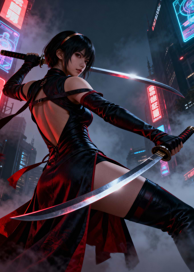 Cyberpunk Ninja with Dual Katanas